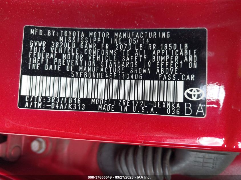 2014 TOYOTA COROLLA L/LE/S/S PLUS/LE PLUS - 5YFBURHE4EP140406