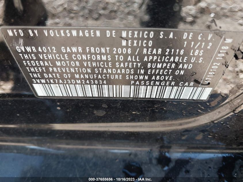 2013 VOLKSWAGEN JETTA SEDAN S - 3VW1K7AJ3DM243834