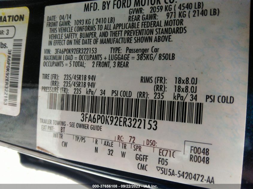 2014 FORD FUSION TITANIUM - 3FA6P0K92ER322153