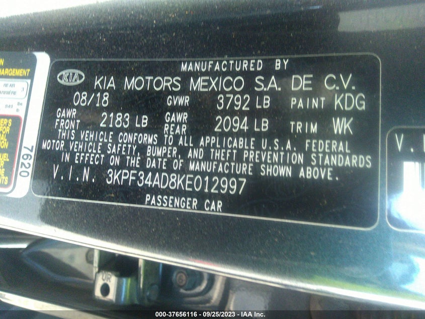 VIN 3KPF34AD8KE012997 2019 KIA FORTE GT LINE/S