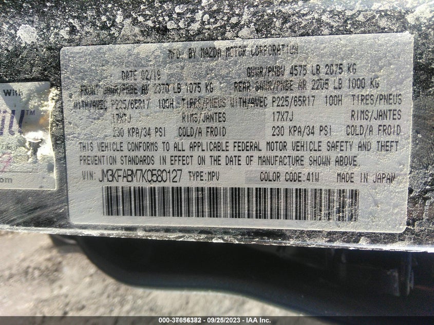VIN JM3KFABM7K0580127 2019 MAZDA CX-5 SPORT