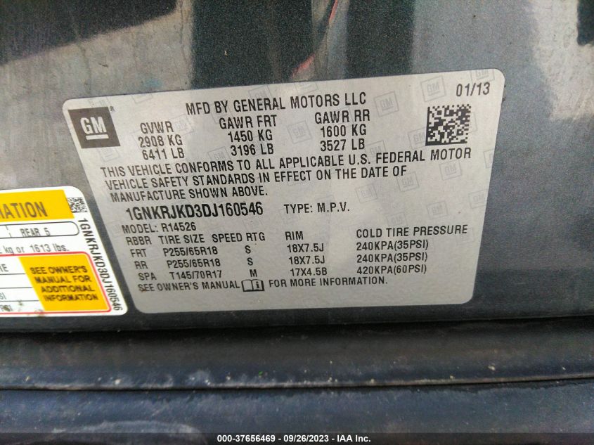 2013 CHEVROLET TRAVERSE LT - 1GNKRJKD3DJ160546