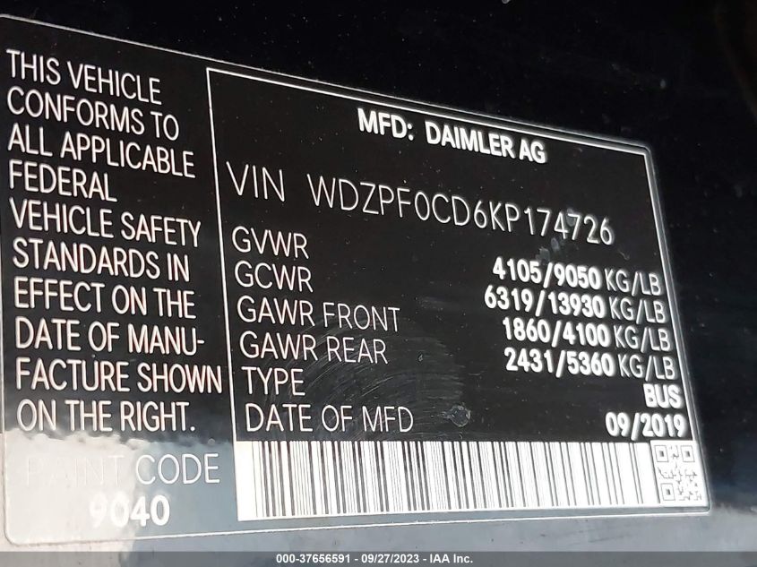 2019 MERCEDES-BENZ SPRINTER PASSENGER VAN WDZPF0CD6KP174726