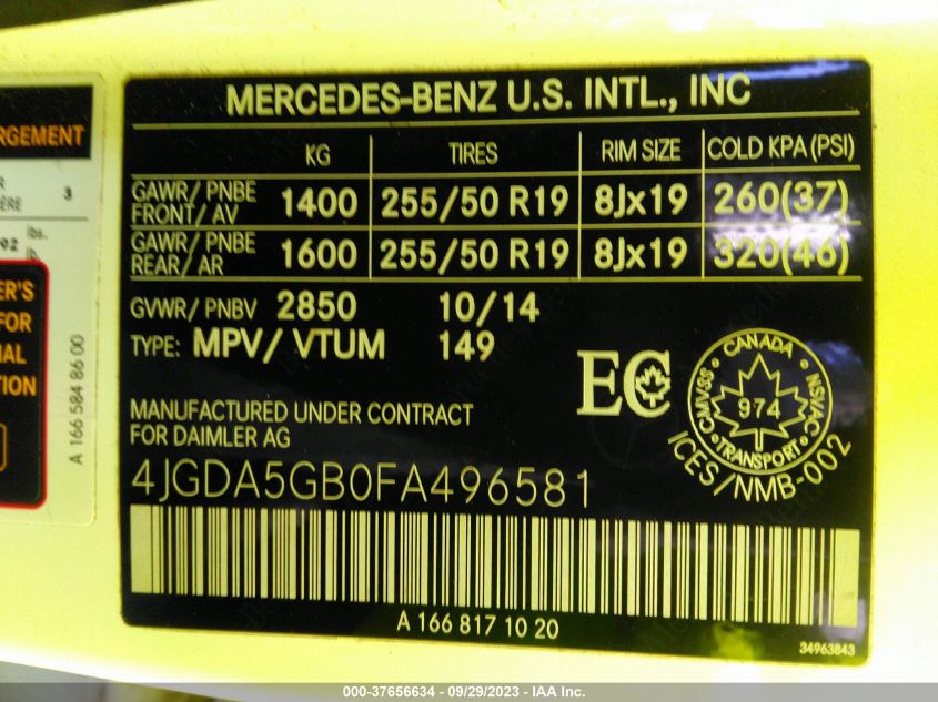 2015 MERCEDES-BENZ ML 400 - 4JGDA5GB0FA496581