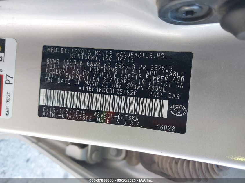 2013 TOYOTA CAMRY L/LE/SE/XLE - 4T1BF1FK6DU254926