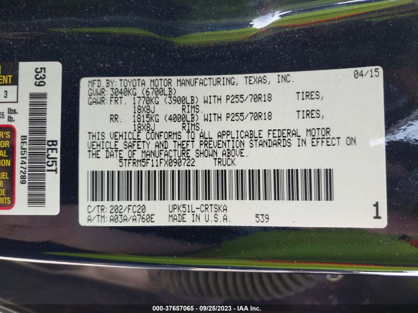 2015 TOYOTA TUNDRA 2WD TRUCK SR/SR5 - 5TFRM5F11FX090722