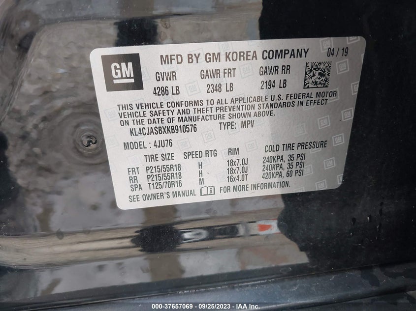 VIN KL4CJASBXKB910576 2019 BUICK ENCORE PREFERRED