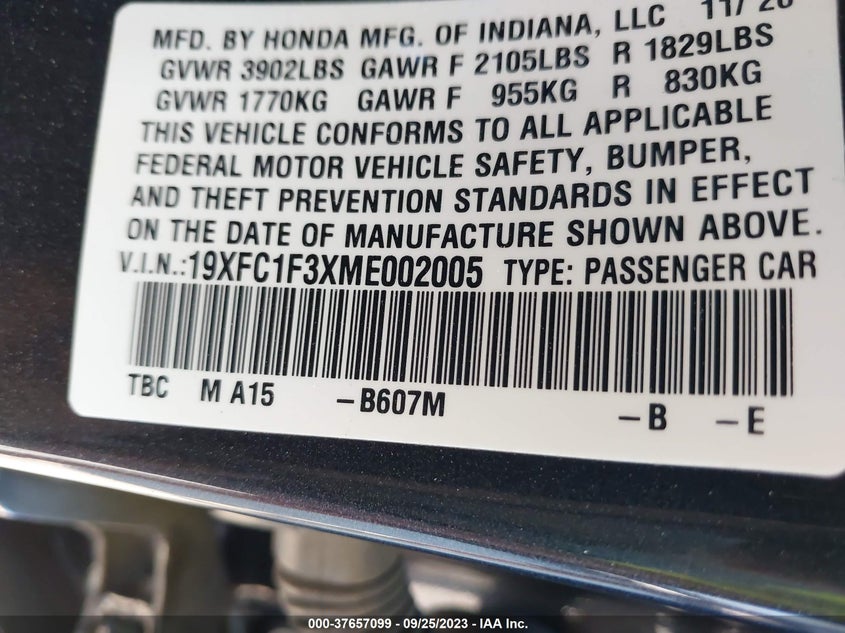 VIN 19XFC1F3XME002005 2021 HONDA CIVIC SEDAN EX