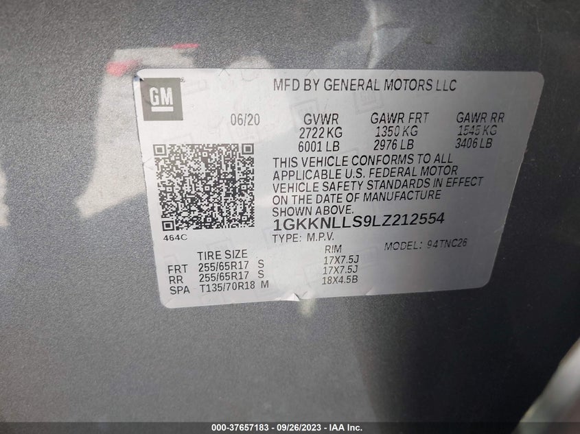 VIN 1GKKNLLS9LZ212554 2020 GMC ACADIA AT4