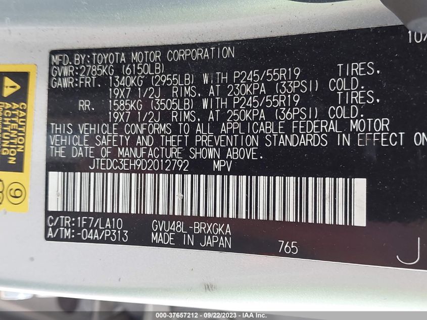 2013 TOYOTA HIGHLANDER HYBRID LIMITED JTEDC3EH9D2012792