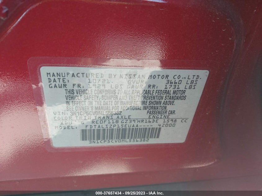 VIN 3N1CP5CV0ML556382 2021 NISSAN KICKS SV