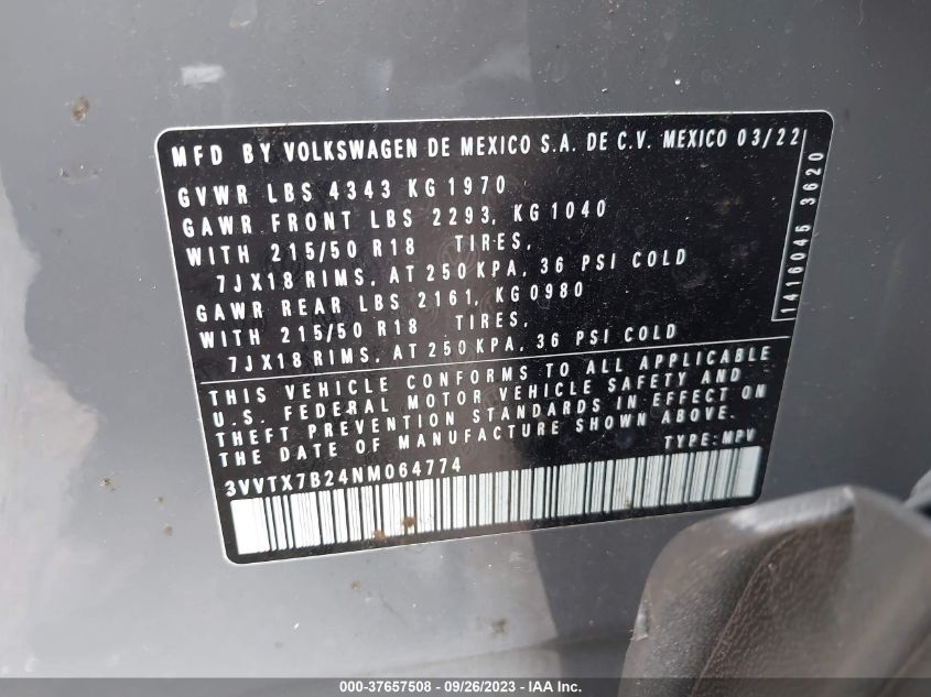 2022 VOLKSWAGEN TAOS SE - 3VVTX7B24NM064774