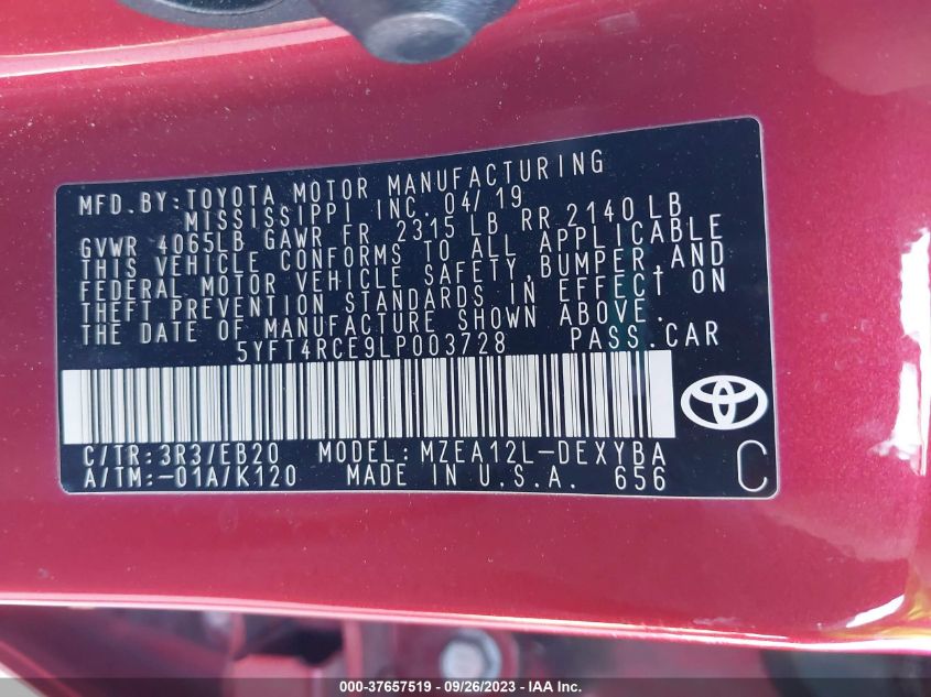 VIN 5YFT4RCE9LP003728 2020 TOYOTA COROLLA XSE