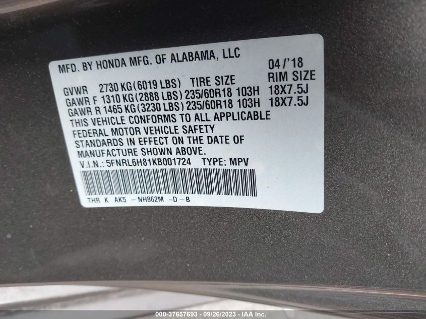 2019 HONDA ODYSSEY TOURING - 5FNRL6H81KB001724