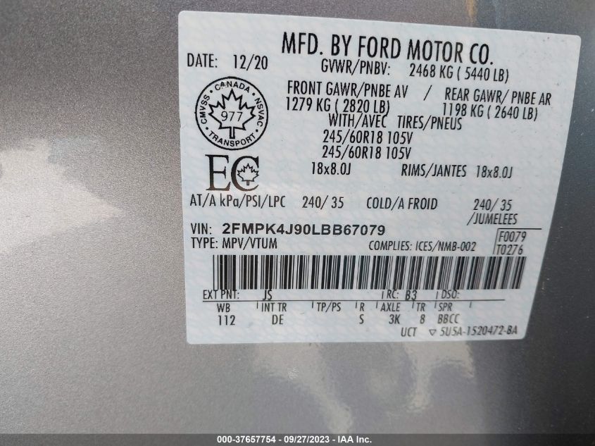 2FMPK4J90LBB67079 2020 FORD EDGE, photo no. 9