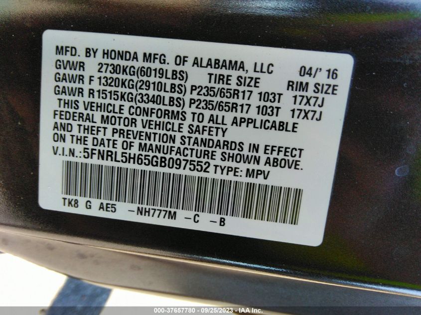 2016 HONDA ODYSSEY EX-L - 5FNRL5H65GB097552