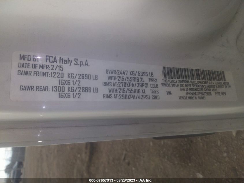 2015 RAM PROMASTER CITY CARGO VAN TRADESMAN - ZFBERFAT7F6A02606