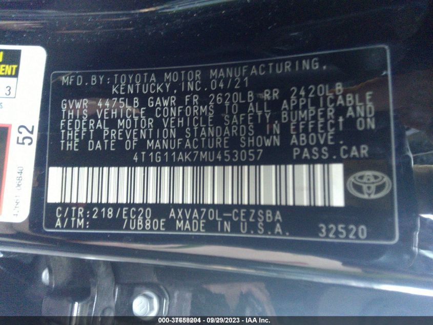 2021 TOYOTA CAMRY SE - 4T1G11AK7MU453057