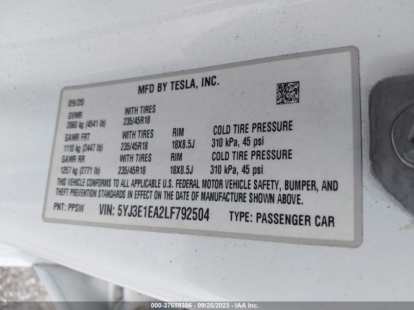 2020 TESLA MODEL 3 STANDARD RANGE - 5YJ3E1EA2LF792504
