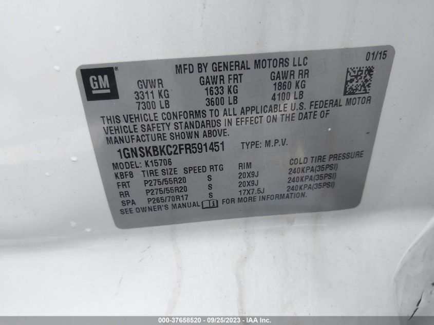 2015 CHEVROLET TAHOE LT - 1GNSKBKC2FR591451