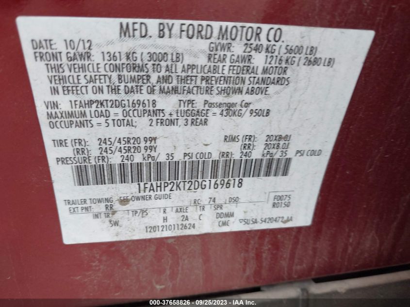 2013 FORD TAURUS SHO - 1FAHP2KT2DG169618