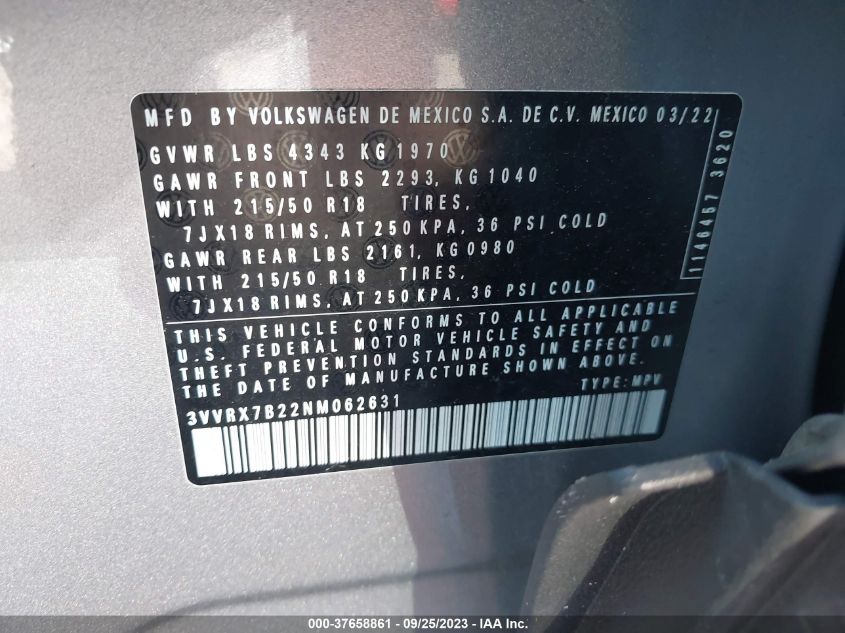VIN 3VVRX7B22NM062631 2022 VOLKSWAGEN TAOS SE