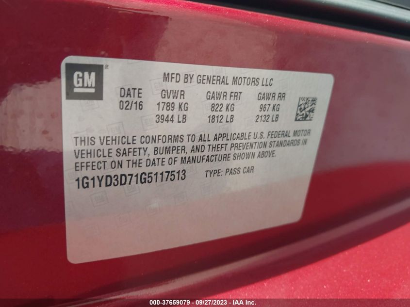 2016 CHEVROLET CORVETTE STINGRAY 2LT - 1G1YD3D71G5117513