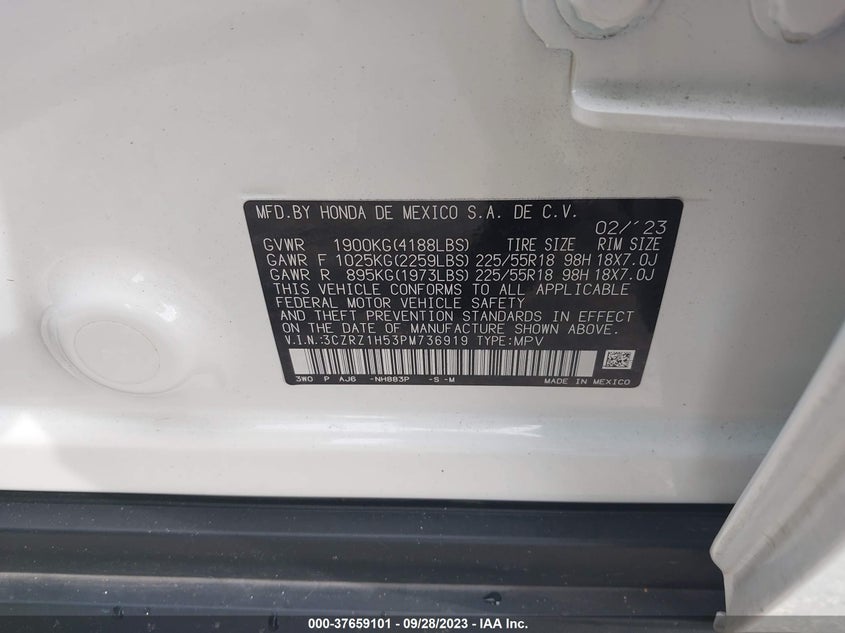 2023 HONDA HR-V 2.0L I4   N(VIN: 3CZRZ1H53PM736919