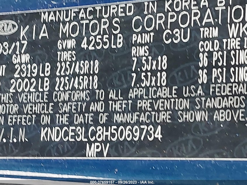 VIN KNDCE3LC8H5069734 2017 KIA NIRO TOURING