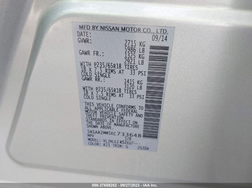 2014 NISSAN PATHFINDER SV - 5N1AR2MM5EC733648