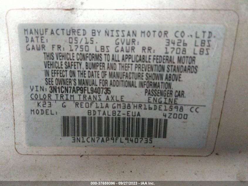 2015 NISSAN VERSA S/S PLUS/SV/SL - 3N1CN7AP9FL940735