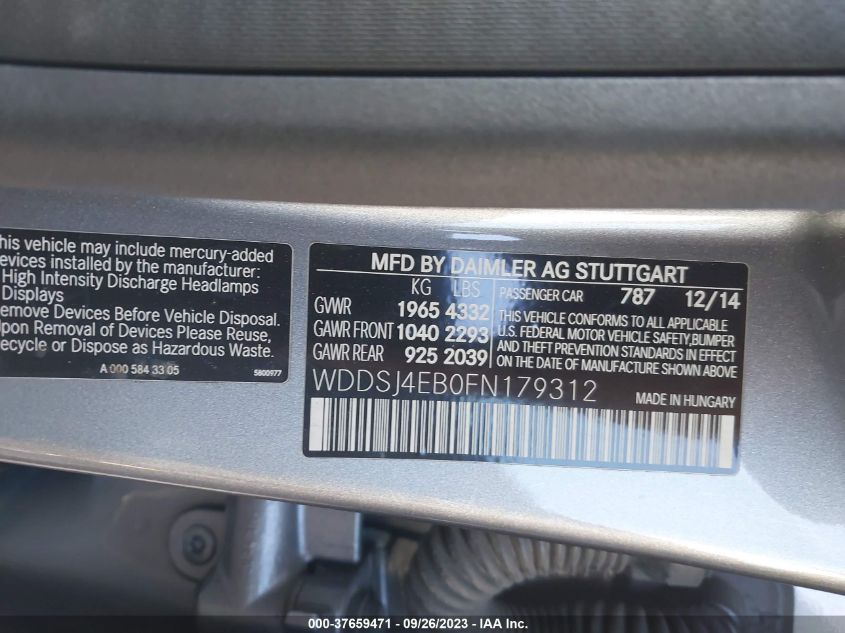 2015 MERCEDES-BENZ CLA-CLASS CLA 250 WDDSJ4EB0FN179312