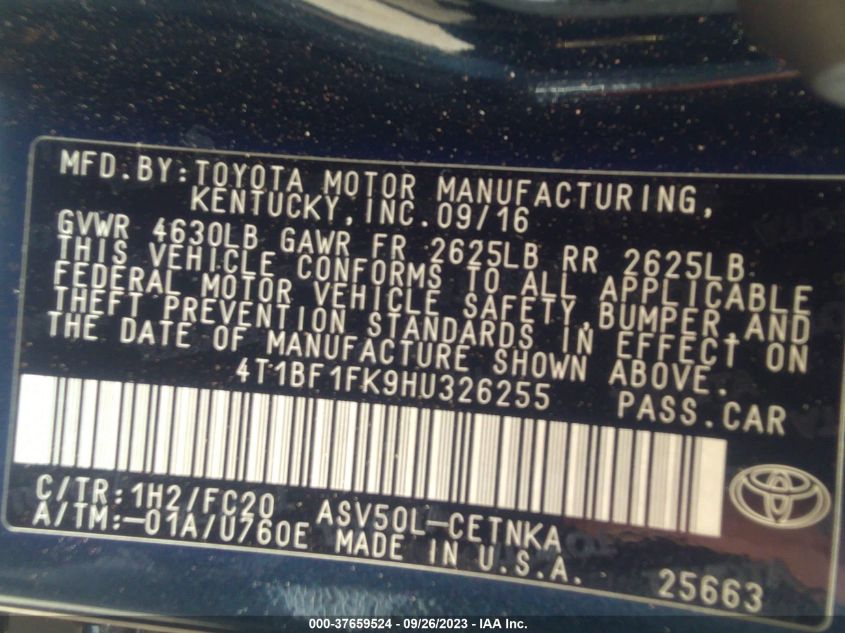 2017 TOYOTA CAMRY XLE/SE/LE/XSE - 4T1BF1FK9HU326255