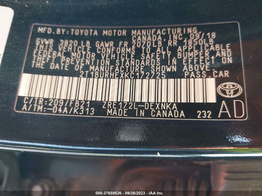 2019 TOYOTA COROLLA L/LE/SE/XLE/XSE - 2T1BURHEXKC172725