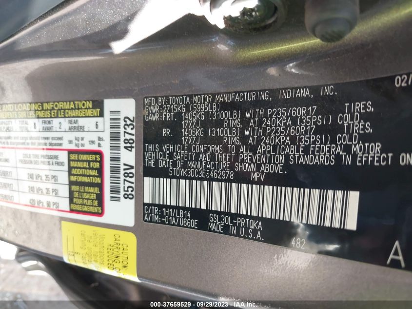 2014 TOYOTA SIENNA XLE/XLE AAS/LTD - 5TDYK3DC3ES462978