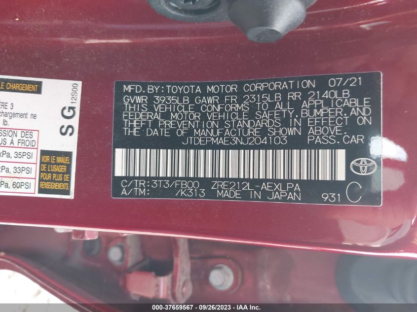 2022 TOYOTA COROLLA LE - JTDEPMAE3NJ204103