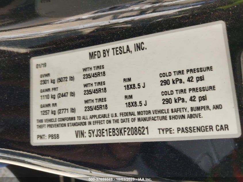 VIN 5YJ3E1EB3KF208621 2019 TESLA MODEL 3 LONG RANGE/PERFORMANCE