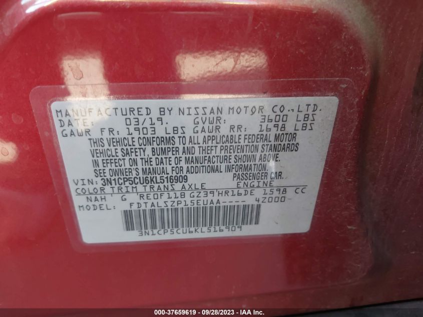 2019 NISSAN KICKS SV - 3N1CP5CU6KL516909