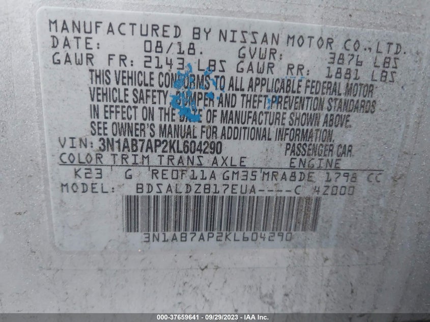 VIN 3N1AB7AP2KL604290 2019 NISSAN SENTRA SV