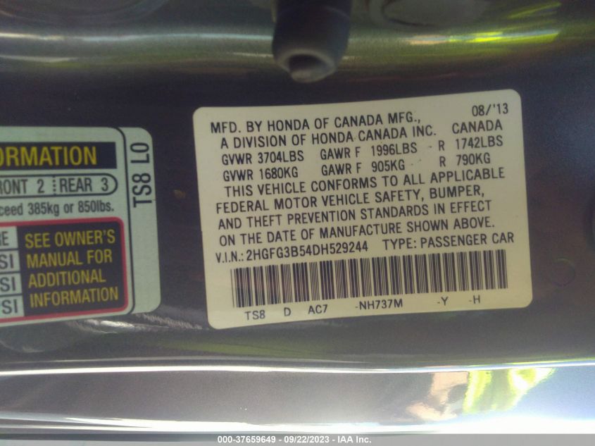 2013 HONDA CIVIC CPE LX 2HGFG3B54DH529244