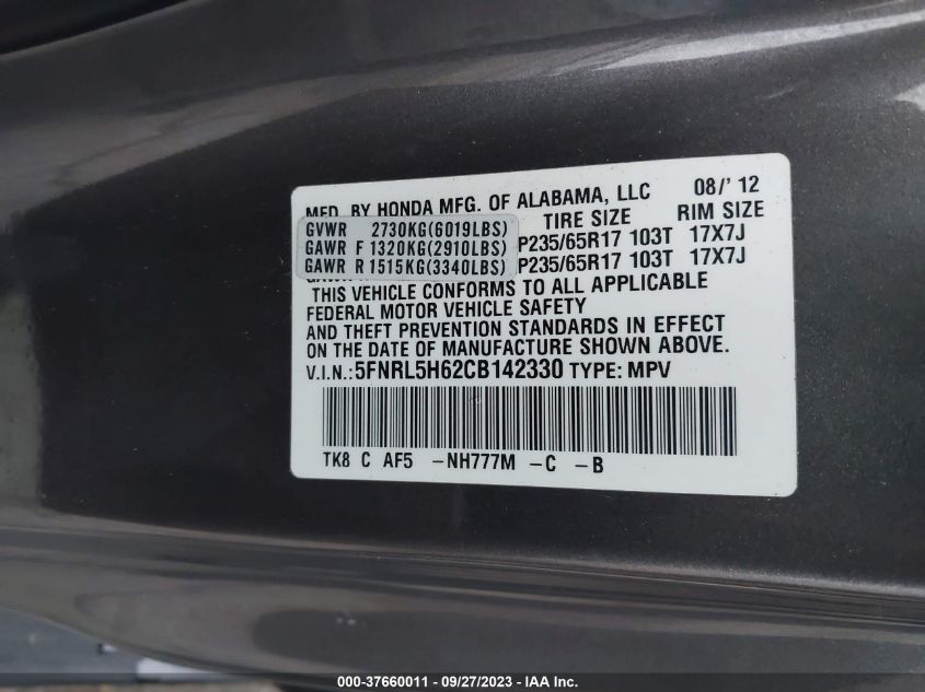 5FNRL5H62CB142330 2012 HONDA ODYSSEY, photo no. 9