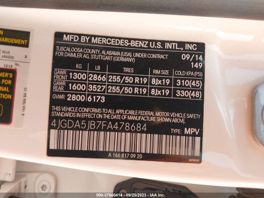 2015 MERCEDES-BENZ M-CLASS ML 350 4JGDA5JB7FA478684