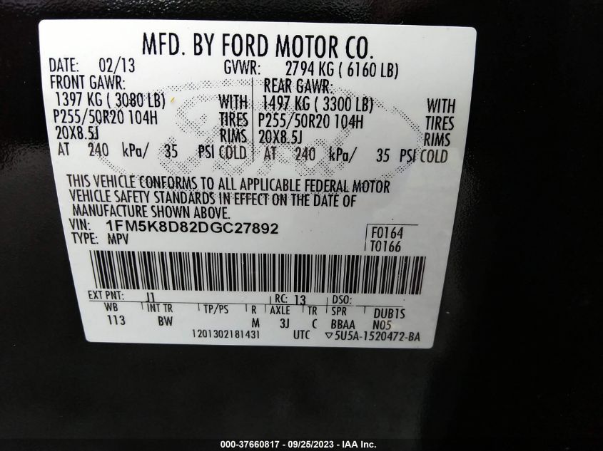 2013 FORD EXPLORER XLT - 1FM5K8D82DGC27892