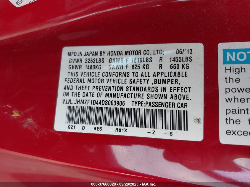 2013 HONDA CR-Z JHMZF1D44DS003906