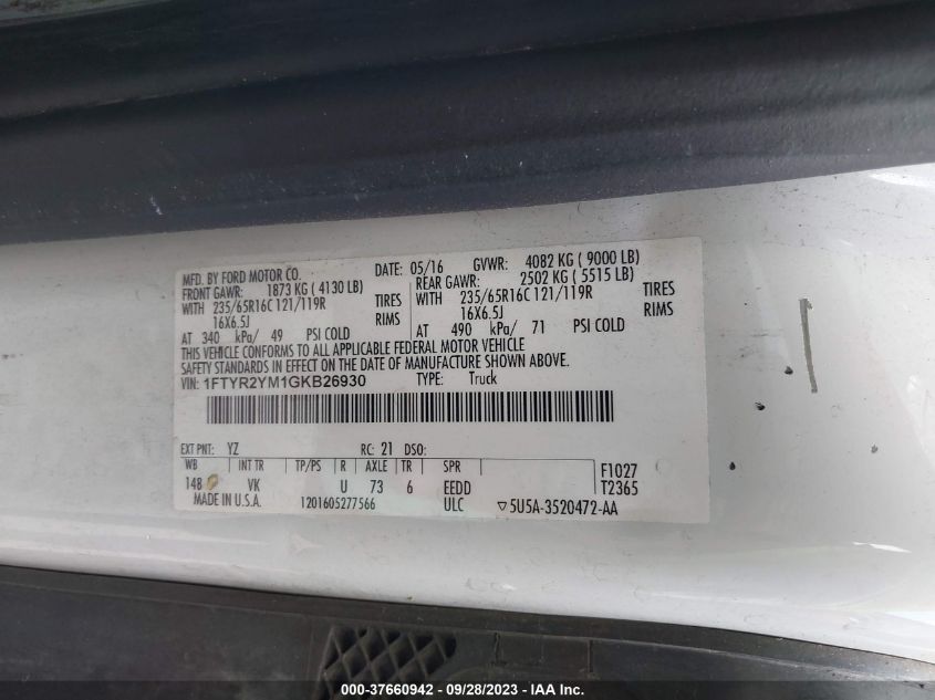 2016 FORD TRANSIT CARGO VAN - 1FTYR2YM1GKB26930