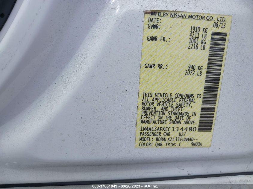 2014 NISSAN ALTIMA 2.5 SL - 1N4AL3APXEC114480