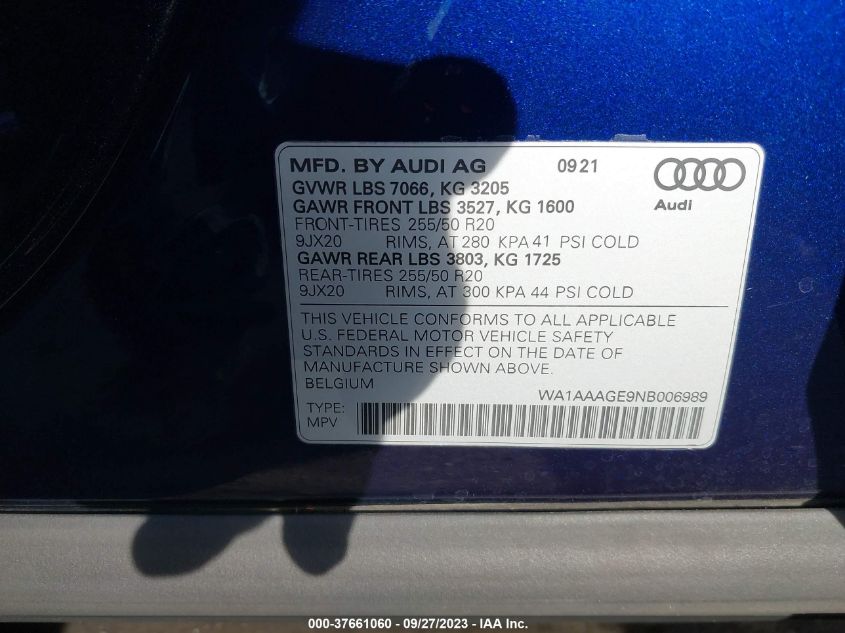 WA1AAAGE9NB006989 Audi E-Tron PREMIUM 9