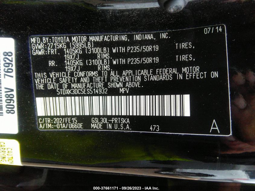 5TDXK3DC5ES514932 2014 TOYOTA SIENNA, photo no. 9