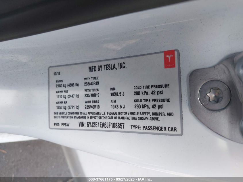 2018 TESLA MODEL 3 RANGE BATTERY - 5YJ3E1EA6JF108857