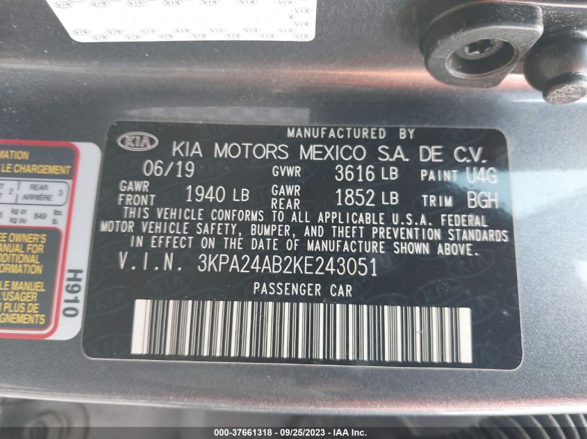 3KPA24AB2KE243051 Kia Rio S 9